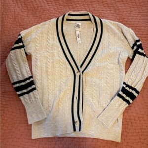 PINK Victoria's Secret Cream Cable-Knit Cardigan with Black Striped Trim